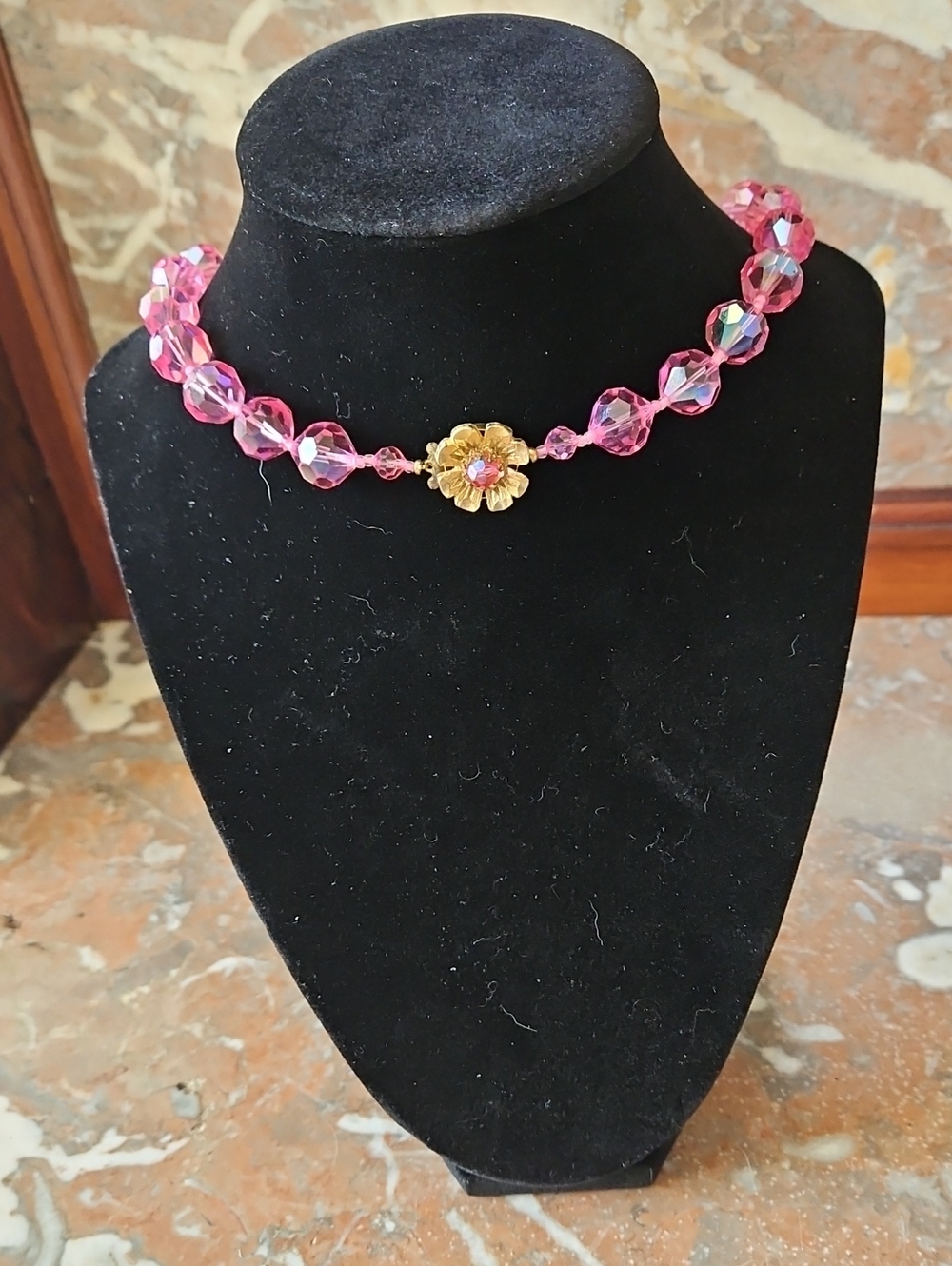 Vintage Pink Aurora Borealis Faceted Crystal Bead  Necklace Rhinestone Box Clasp